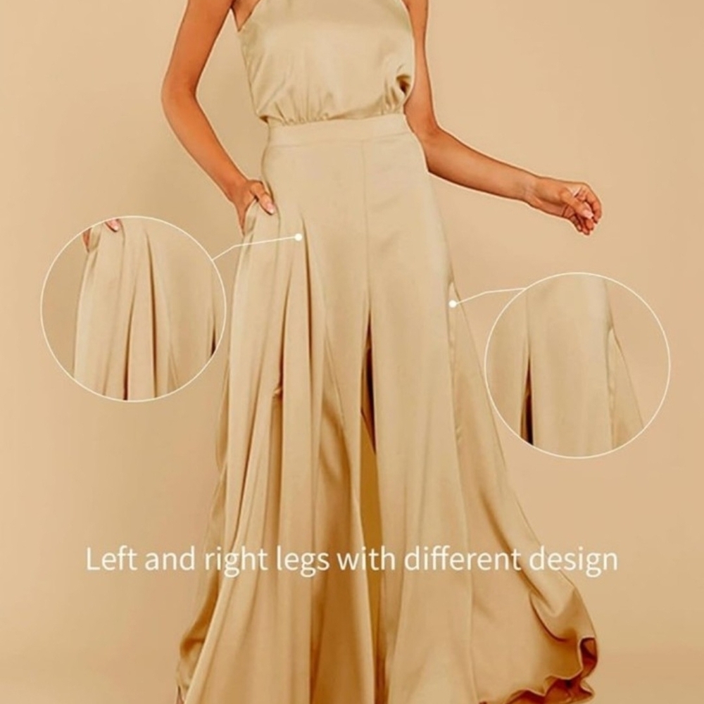 Woman Satin Wide Leg Sleeveless Jumpsuit Zip Up In The Back - Picture 2 of 4
